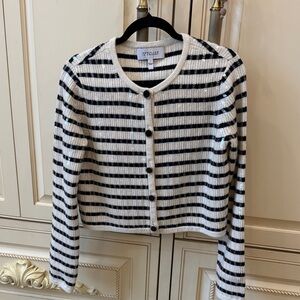 DEREK LAM 10 CROSBY BLUE & OFF WHITE SPARKLY STRIPPED CARDIGAN, SIZE SMALL